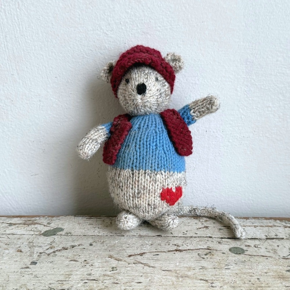Handmade Knit Mouse Plush Blue Sweater Red Vest Heart Patch 7.5 Inch